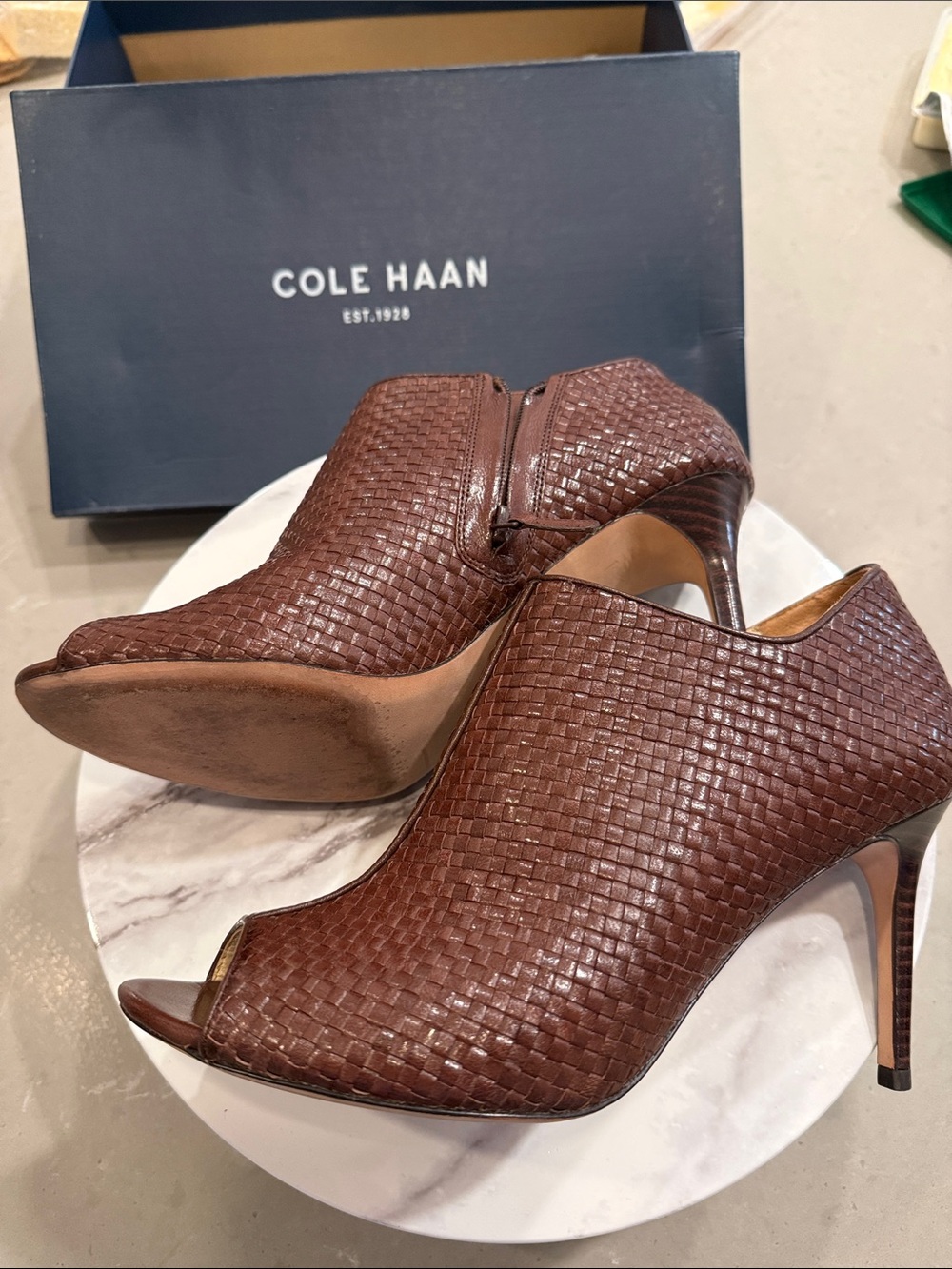 Cole Haan Brown Woven Leather Peep-Toe Heels